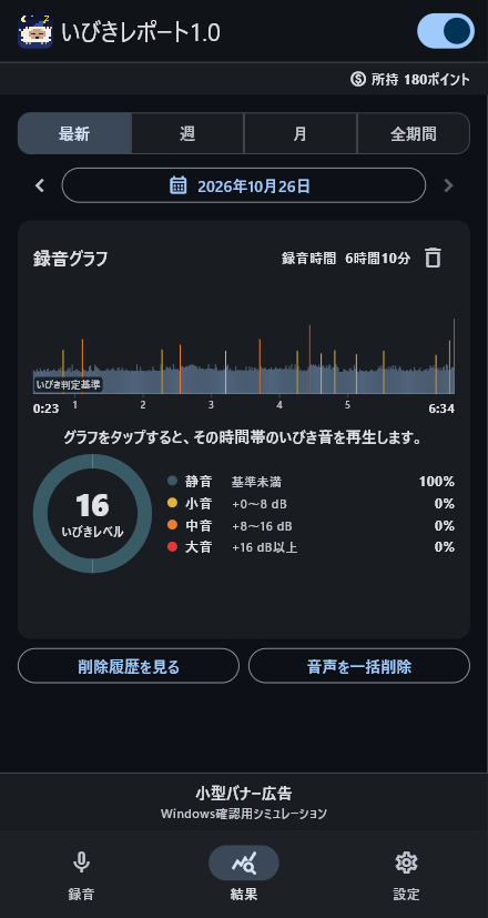 いびきレポートの録音グラフ画面