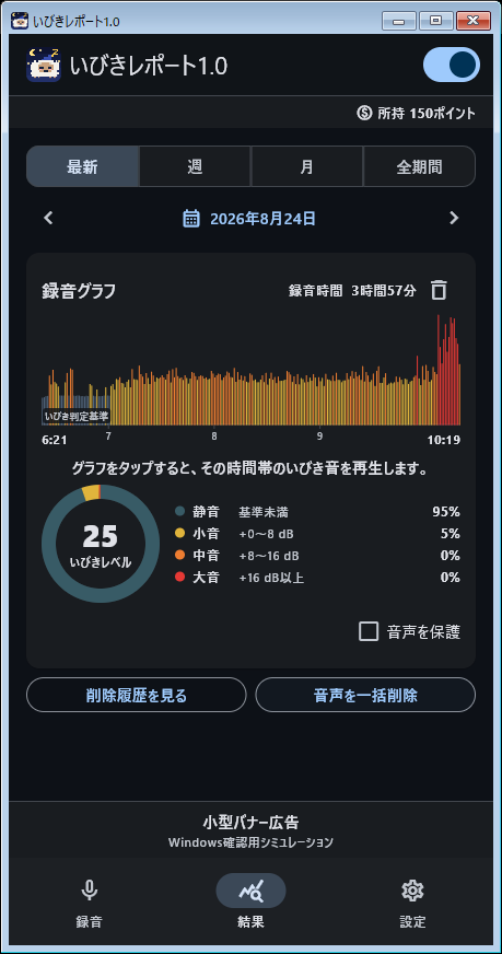 録音した時間ごとの音を表示する録音グラフを赤い枠で囲んだ結果画面